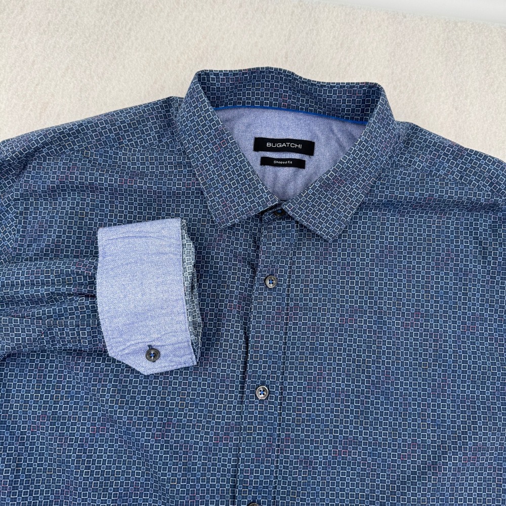 Bugatchi Uomo Shaped Fit Mens XL Long Sleeve Button Down Blue Geometric Print